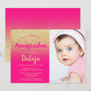 Guld glitter ombre rosa script foto Annaprashan Inbjudningar