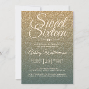 Guld Glitter Ombre Smaragd Sweet 16 Födelsedag Inbjudningar