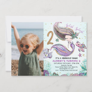 Guld Glitter One Lila Sjöjungfru Photo 2nd Birday Inbjudningar