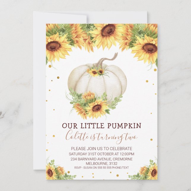 Guld Glitter One Solros Pumpkin Birthday Invita Inbjudningar (Framsida)