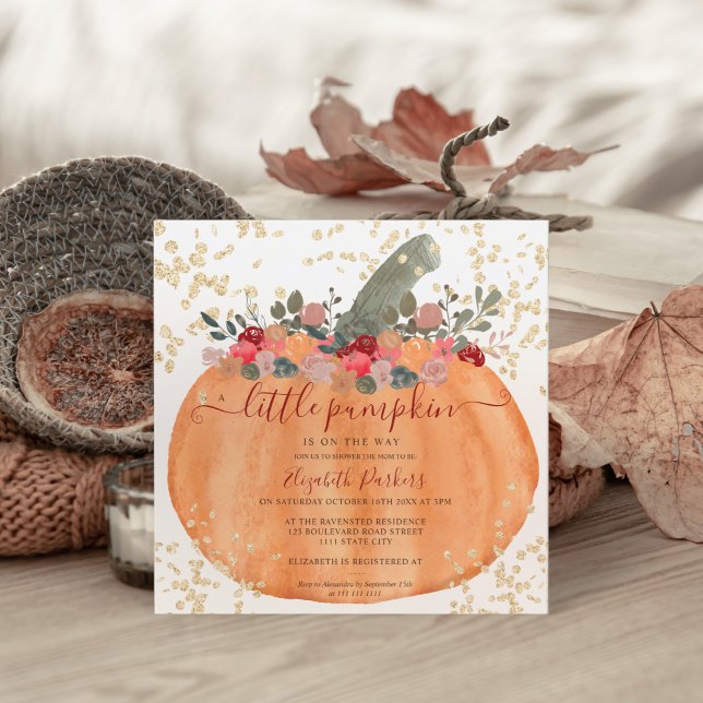 Guld glitter orange pumpa vattenfärgsdusch för vat inbjudningar (Gold glitter orange pumpkin watercolor baby shower invitation)