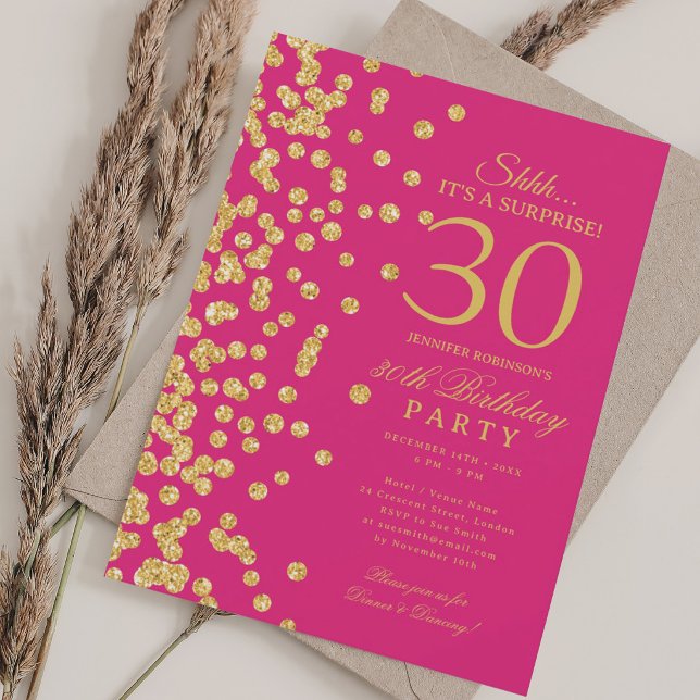Guld Glitter Överraskning 30-års Födelsedag Het Ro Inbjudningar (Gold Glitter Surprise 30th Birthday Hot Pink Invitation)
