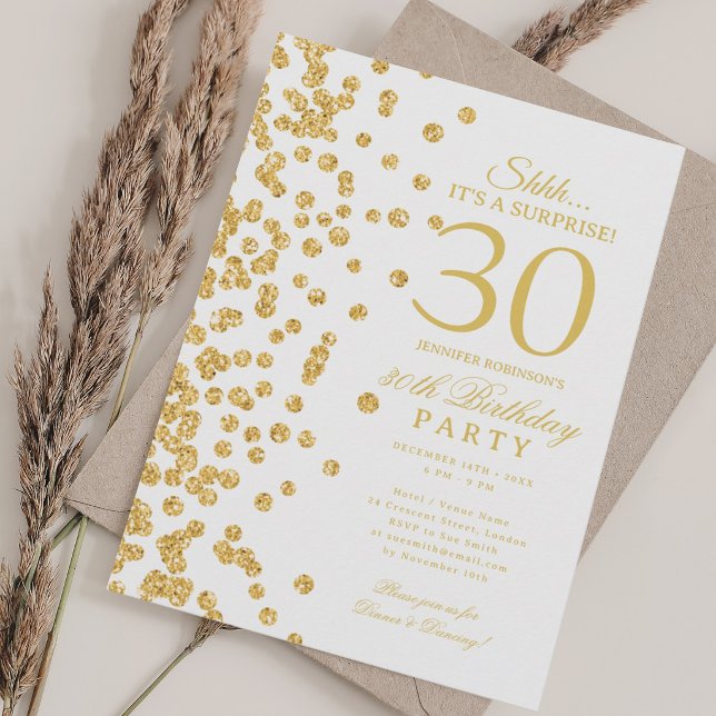 Guld Glitter Överraskning 30-årsfest Inbjudningar (Gold Glitter Surprise 30th Birthday Party Invitation)