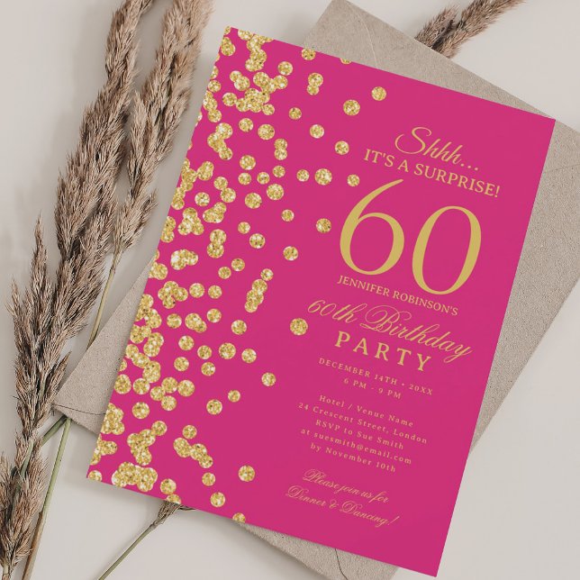 Guld Glitter Överraskning 60-års Födelsedagsfest H Inbjudningar (Gold Glitter Surprise 60th Birthday Party Hot Pink Invitation)