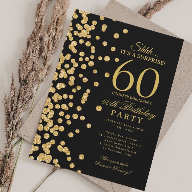 Guld Glitter Överraskning 60-årsdag Svart Inbjudningar (Gold Glitter Surprise 60th Birthday Black Invitation)