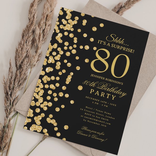 Guld Glitter Överraskning 80-årsdag Svart Inbjudningar (Gold Glitter Surprise 80th Birthday Black Invitation)