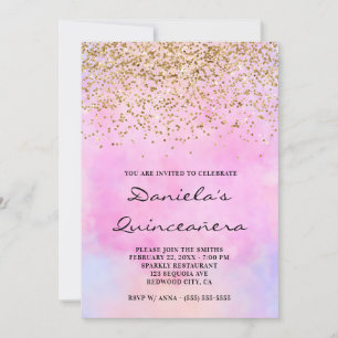 Guld Glitter Pastell Rosa Vattenfärg Quinceañera Inbjudningar