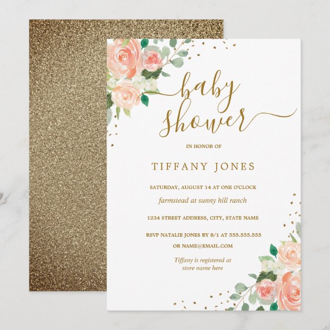 Guld Glitter Peach Blommigt Girl Baby Shower Inbju Inbjudningar (Fram/baksida)