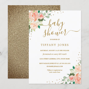 Guld Glitter Peach Blommigt Girl Baby Shower Inbju Inbjudningar