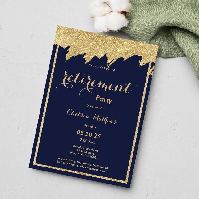 Guld glitter Pension Party Inbjudningar (Navy blue gold glitter Retirement Party )