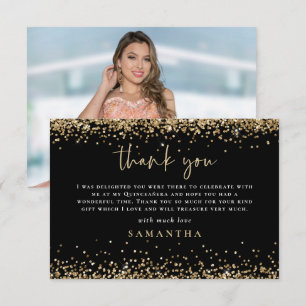 Guld Glitter Photo Quinceañera Tack Black Anteckningskort