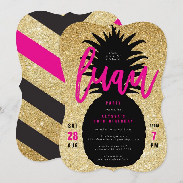 Guld Glitter Pineapple Luau Födelsedagsfest Inbjud Inbjudningar (Fram/baksida)