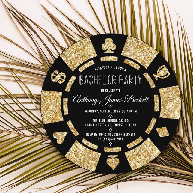 Guld Glitter Poker Chip Las Vegas Svärmningfest Inbjudningar (Skapare uppladdad)