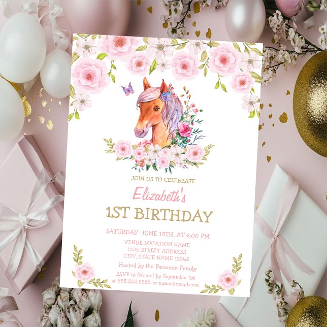 Guld Glitter Ponny Blommig Födelsedag  Inbjudningar (Skapare uppladdad)