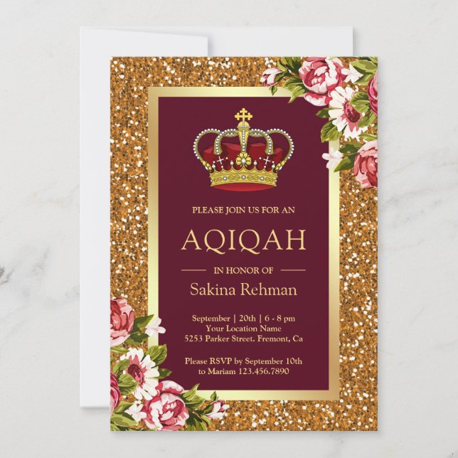 Guld Glitter Princess Burgundy Blommigt Aqiqah Inbjudningar (Framsida)