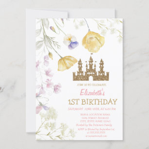 Guld Glitter Prinsessa Slott Vilda Blommor Födelse Inbjudningar