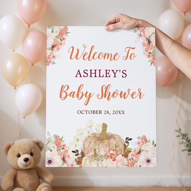 Guld Glitter Pumpkin Blommigt Fall Baby Shower-sky Poster (Skapare uppladdad)