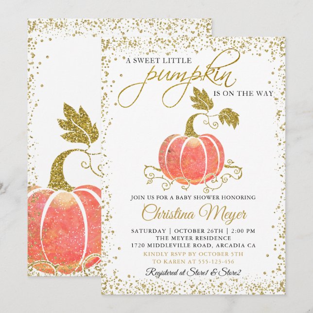 Guld Glitter Pumpkin Gender Neutral Baby Shower Inbjudningar (Fram/baksida)