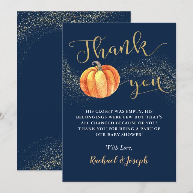 Guld Glitter Pumpkin Navy Blue Boy Shower Tack Kort (Fram/baksida)