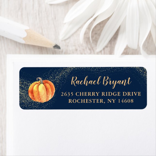 Guld Glitter Pumpkin Navy Blue Fall Returadress Returadress Etikett (Insitu)