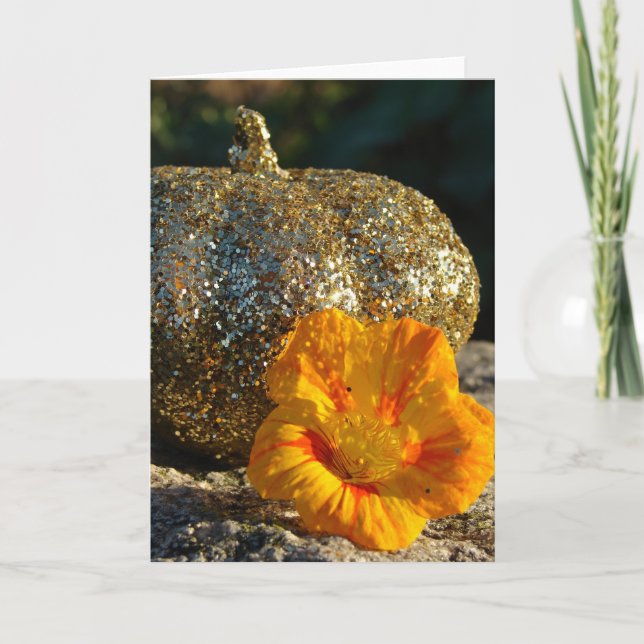 Guld Glitter Pumpkin och Orange Flower Kort (Framsida)