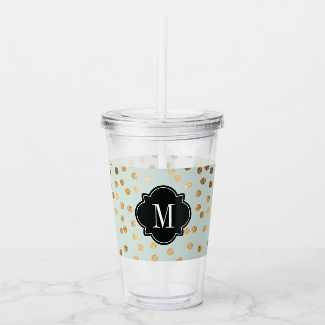 Guld Glitter-punkter på Mint Monogrammed Take Away Mugg (Framsida)