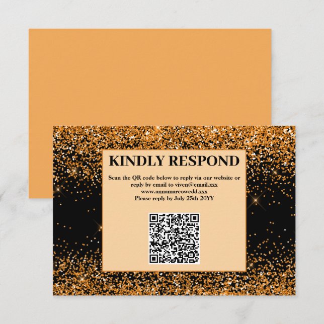 Guld Glitter QR-kod Bröllops-Svarskort OSA Kort (Fram/baksida)