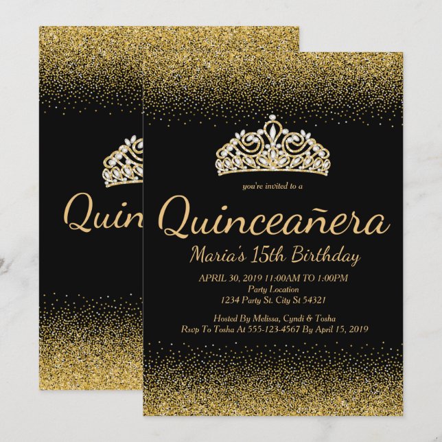 Guld- glitter, Quinceanera inbjudningar (Fram/baksida)