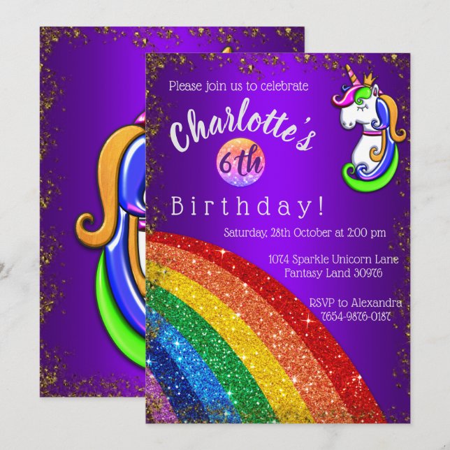 Guld Glitter Rainbow Lila Unicorn Birthday Inbjudningar (Fram/baksida)