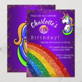 Guld Glitter Rainbow Lila Unicorn Birthday Inbjudningar