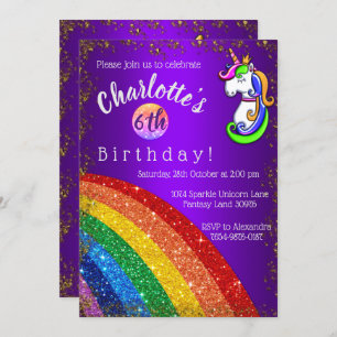 Guld Glitter Rainbow Lila Unicorn Birthday Inbjudningar