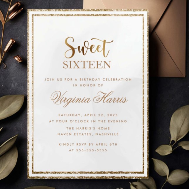 Guld Glitter Ram Cream Sweet sixteen 16 födelsedag Inbjudningar (Skapare uppladdad)
