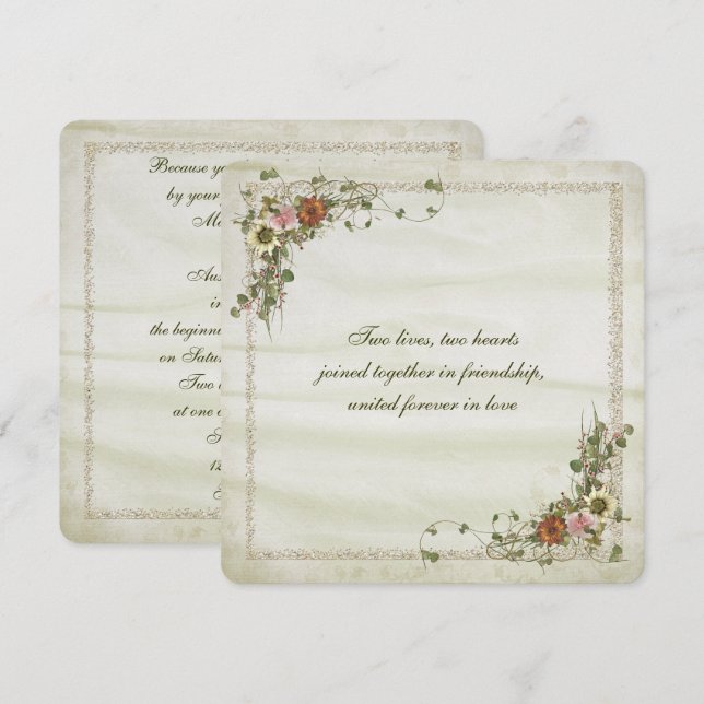 Guld glitter ram med blommigt bouquet inbjudningar (Fram/baksida)