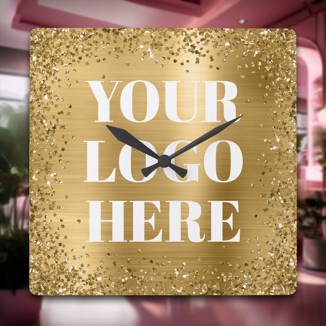 Guld Glitter Ram och folie Logo Fyrkantig Klocka (Gold Glitter Border and Foil Logo Square Wall Clock)
