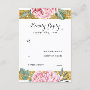 Guld Glitter Rand Rosa Blommigt Bröllop OSA Kort