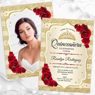 Guld Glitter Red Quinceanera Inbjudningar