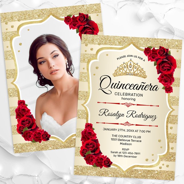 Guld Glitter Red Quinceanera Inbjudningar (Skapare uppladdad)