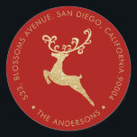 Guld Glitter Reindeer Red Returadress Helgdag Runt Klistermärke<br><div class="desc">Rund Helgdag från guld Reindeer Red Returadress Round Sticker.</div>