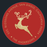 Guld Glitter Reindeer Red Returadress Helgdag Runt Klistermärke<br><div class="desc">Rund Helgdag från guld Reindeer Red Returadress Round Sticker.</div>