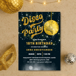 Guld Glitter Retro 70s Disco Boll födelsedag Inbjudningar