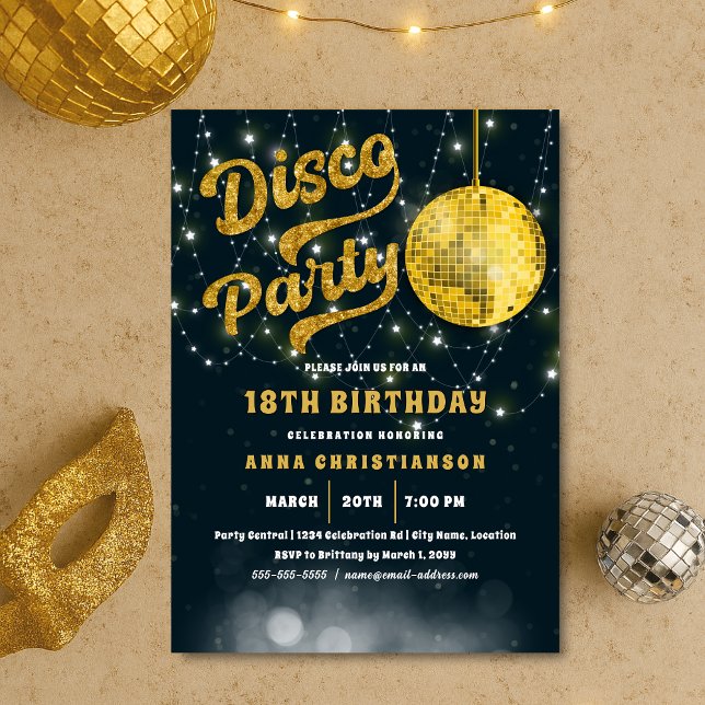 Guld Glitter Retro 70s Disco Boll födelsedag Inbjudningar (Gold Glitter 70s Retro Disco Ball party invitation)