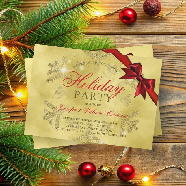 Guld Glitter & Ribbon | Julafton Helgdag Red Inbjudningar (Gold Glitter & Ribbon | Xmas Holiday Red Invitation)