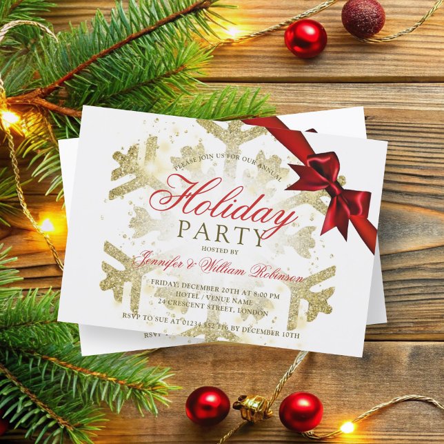 Guld Glitter & Ribbon | Julafton Julfest Inbjudningar (Gold Glitter & Ribbon | Xmas Holiday Party Invitation)