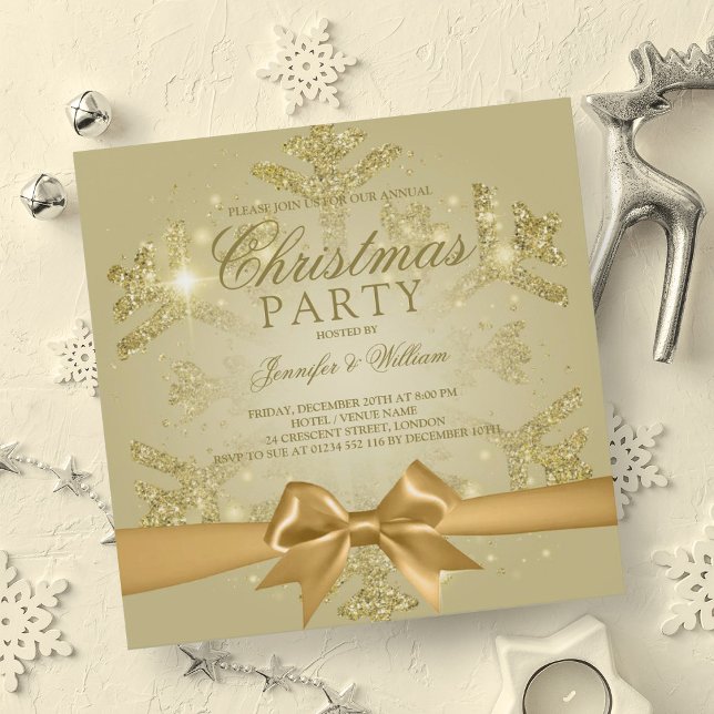Guld Glitter & Ribbon | Julafton Julfest Inbjudningar (Gold Glitter & Ribbon | Xmas Holiday Party Invitation)