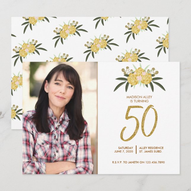 Guld Glitter Ro och botaniska Löv 50:e födelsedage Inbjudningar (Fram/baksida)
