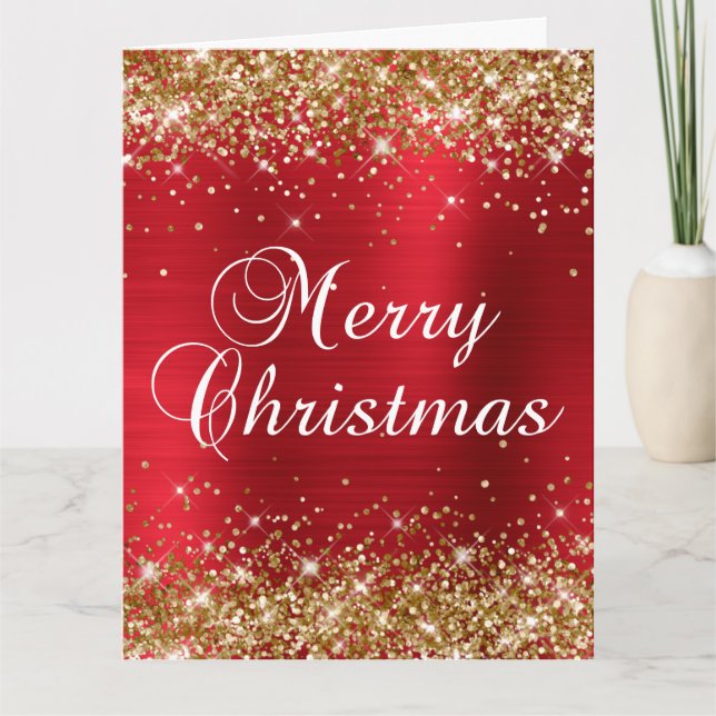 Guld Glitter Röd Folie Stor God Jul Kort (Framsida)