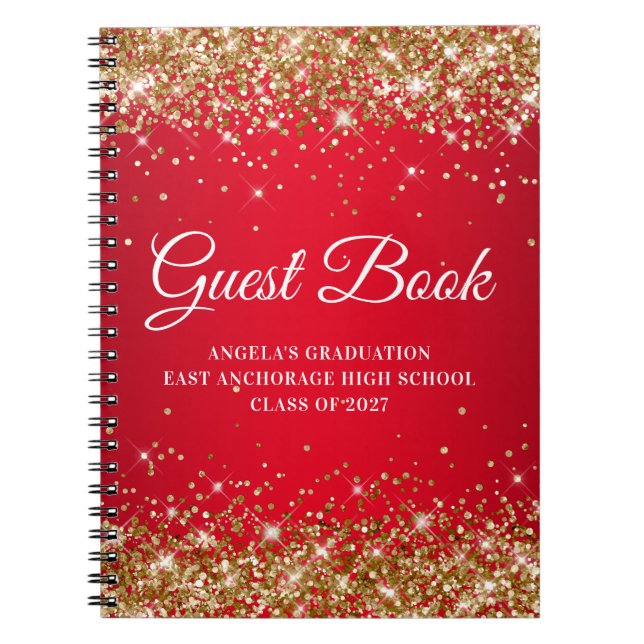 Guld Glitter Röd Glam Gradering Examen Gäst Anteckningsbok (Framsidan)