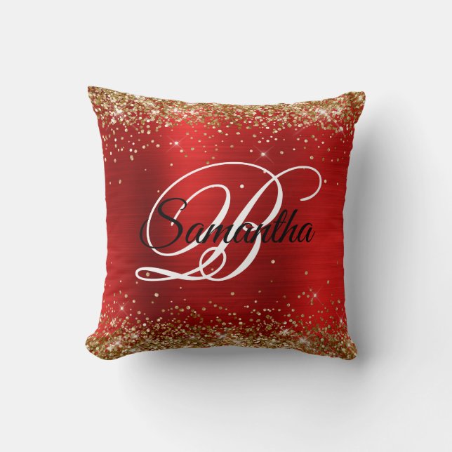 Guld Glitter Röda foil Finare Monogram Kudde (Framsida)