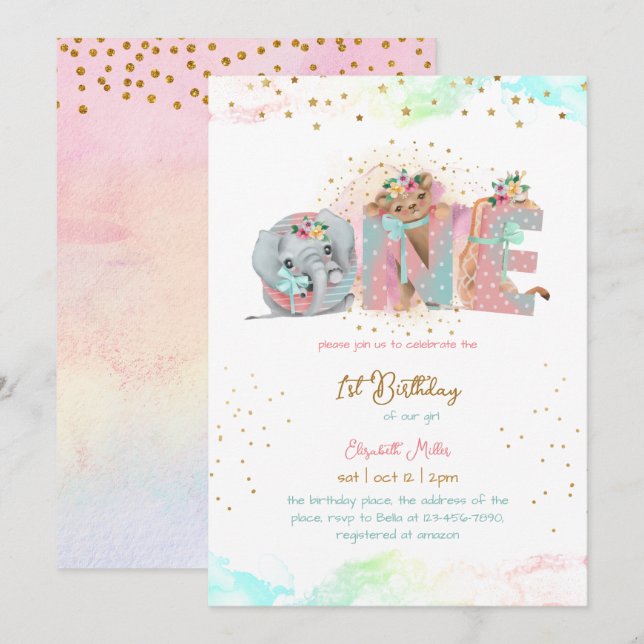 Guld Glitter Rosa Blå Flicka första födelsedag Inbjudningar (Fram/baksida)