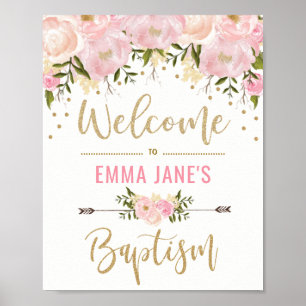 Guld Glitter Rosa Blommig Dop Välkomstskylt Poster